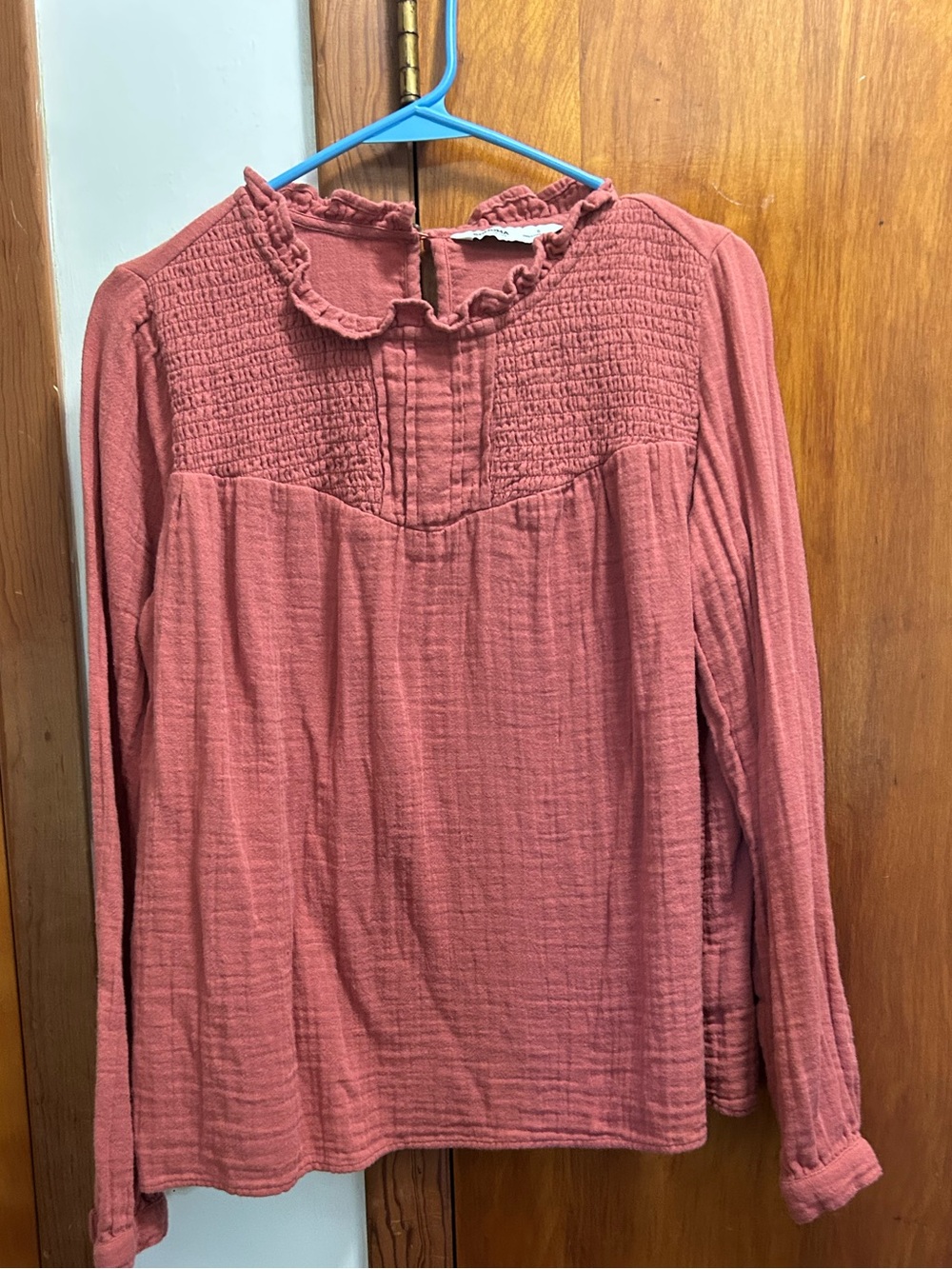Sonoma Rust Ruffle Smocked Yoke Long Sleeve Top